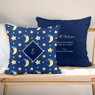 Coussin Lune de message personnalisée et étoiles bleu