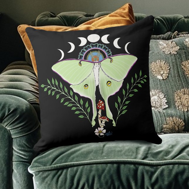 Coussin Lune Papillon Éthéré Vert Mystique Céleste (Créateur téléchargé)