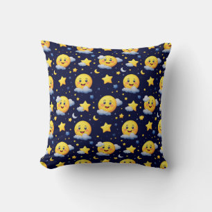 Coussin Lune souriante et étoiles avec des nuages dans le