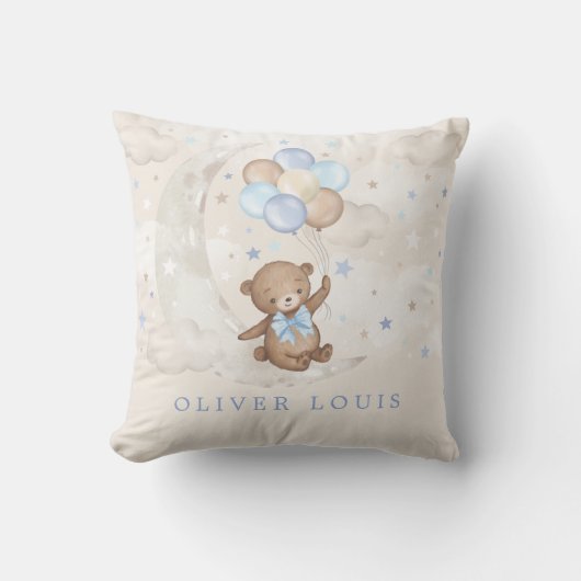 Coussin Lune Teddy Ours Bleu Ballons Bébé Garçon Nursery (Recto)