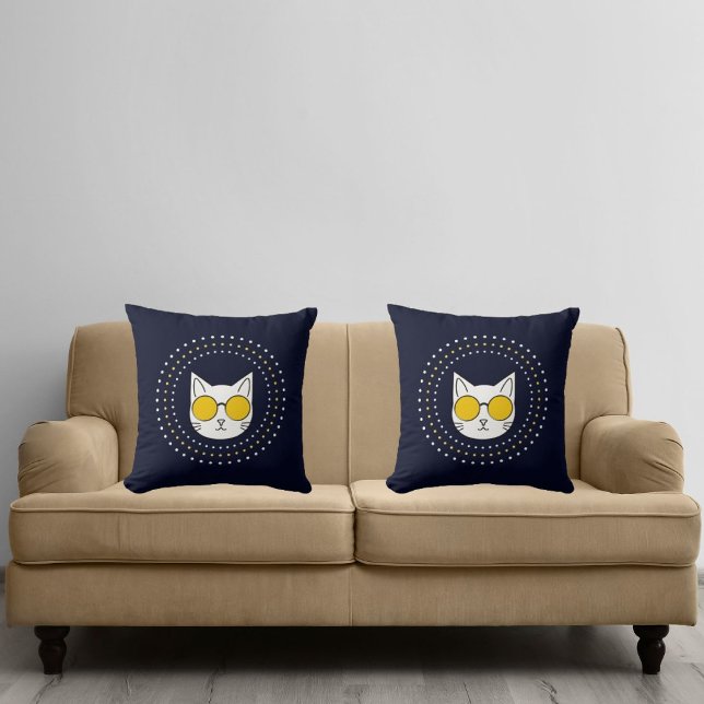 Coussin Lunettes De Soleil Chat Et Pied En Bleu Jaune Blan (Créateur téléchargé)