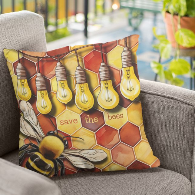 Coussin Luneypeb Bee et Garden String Lights (Save the bees bold honeycomb customizable throw pillow for home or garden. )