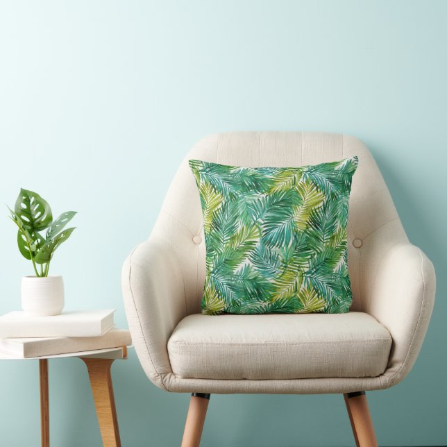 Coussin Lush Tropical Island Green Palm Leaf Watercolor  (Chaise)