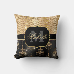 Coussin Lustres pailletés noir et or Glam et Art déco