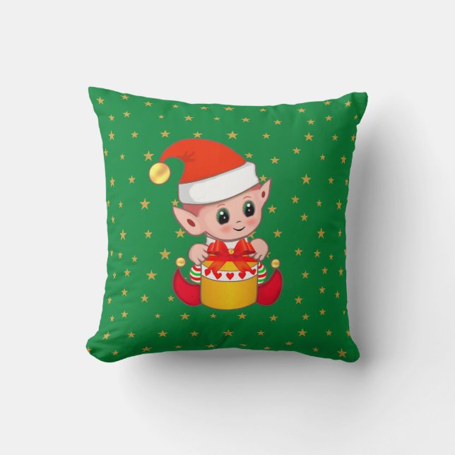 Coussin Lutin de Noël et étoiles sur fond vert (Recto)