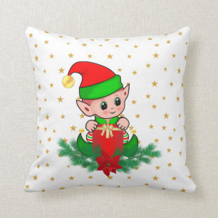 Coussin Lutin de Noël, pin, poinsettia et étoiles