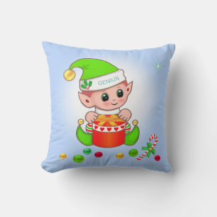 Coussin Lutin de Noël vert & cadeau de Noël sur fond bleu