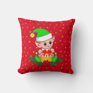 Coussin Lutin de Noël vert, pin et étoiles sur fond rouge