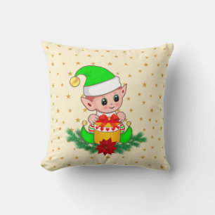 Coussin Lutin de Noël vert, pin et étoiles sur ivoire