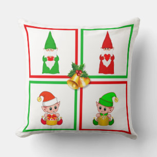 Coussin Lutins et elfes de Noël sur fond blanc, vert et ro