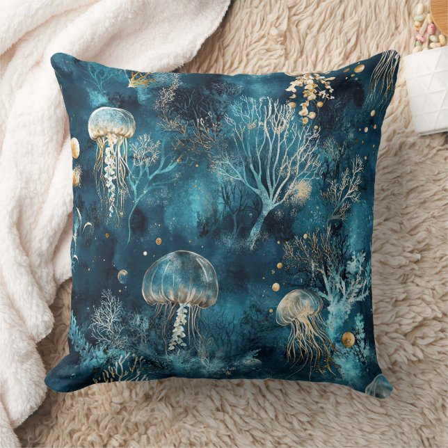 Coussin Lux Ocean Jellyfish & Coral Gold Pattern (2) (Couverture)