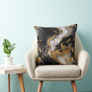 Coussin Luxe Sérénité Noir, Or et Marbre Inspiré Blanc