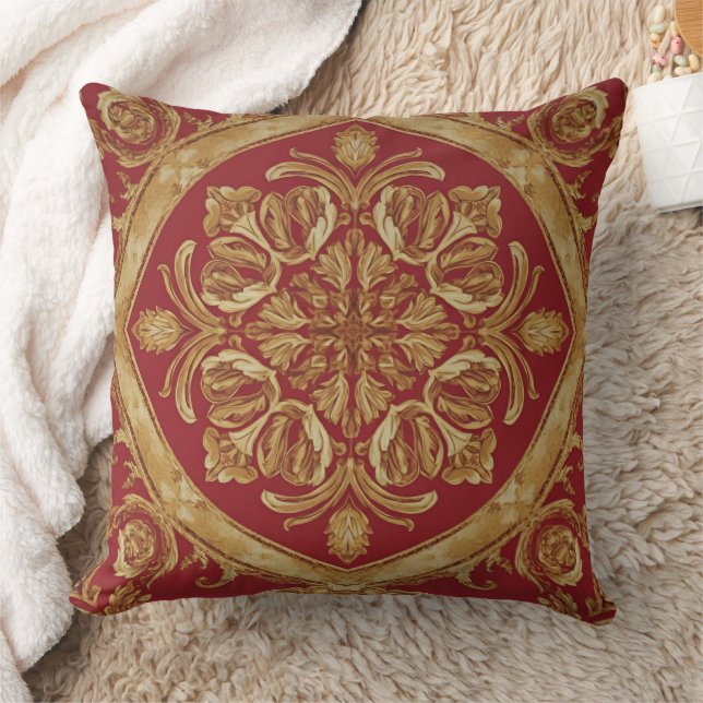 Coussin Luxurious Golden Red Ornate Accent Pillow for Sofa (Couverture)