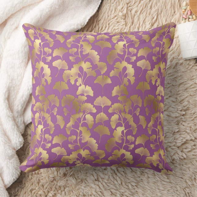 Coussin Luxury Gold Ginkgo Leaves on Deep Purple (5) (Couverture)
