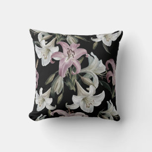 Coussin Lys, blanc rose, motifs floraux.