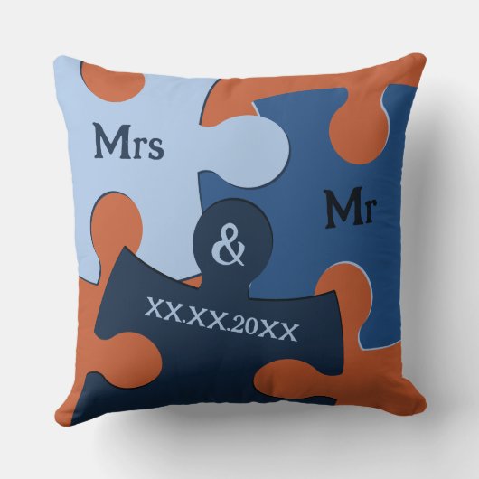 Coussin M. et Mme Date de mariage Pièces de puzzle bleues (Verso)
