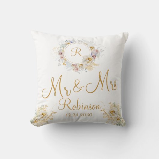 Coussin M. et Mme Gold Floral Monogram Logo Lancer l'oreil (Recto)