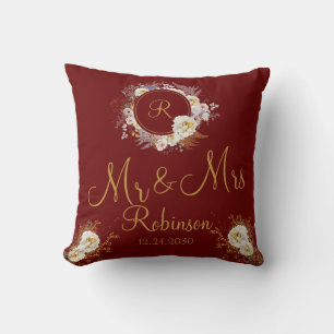 Coussin M et Mme Logo Monogramme Floral Bourgogne Or