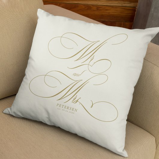 Coussin M et Mme or script personnalisé mariage crème