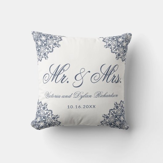Coussin M. & Mme Mariage Blanc Bleu Écriture Élégante (Recto)