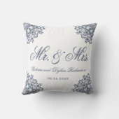 Coussin M. & Mme Mariage Blanc Bleu Élégant Script (Verso)