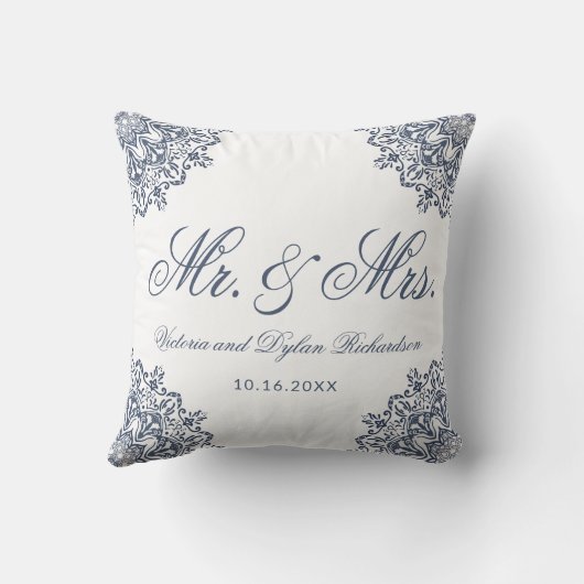 Coussin M. & Mme Mariage Blanc Bleu Élégant Script (Verso)