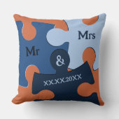 Coussin M. & Mme Mariage Date Bleu & Orange Puzzle Pièces (Recto)