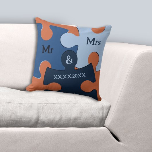 Coussin M. & Mme Mariage Date Bleu & Orange Puzzle Pièces