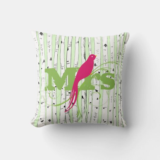 Coussin M. Mme Spring Green et Fuchsia Birch Tree Bird (Recto)