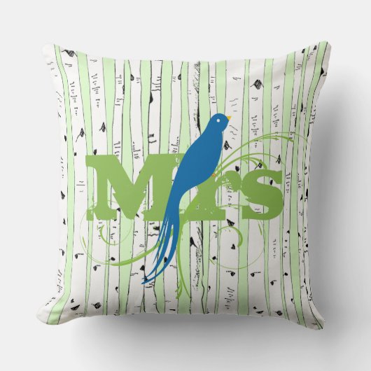 Coussin M. Mme Spring Green et Royal Blue Birch Tree Bird (Recto)