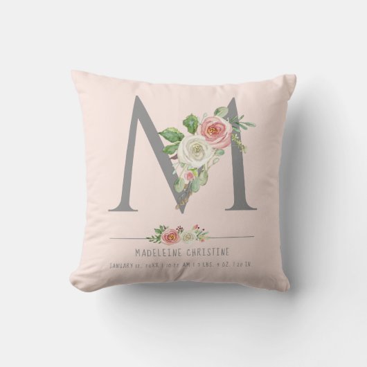 Coussin M Monogramme Bébé Fille | Naissance Statistiques C (Recto)