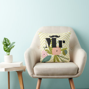 Coussin M. Mustache Pale Jaune Blanc Turquoise Zig Zag