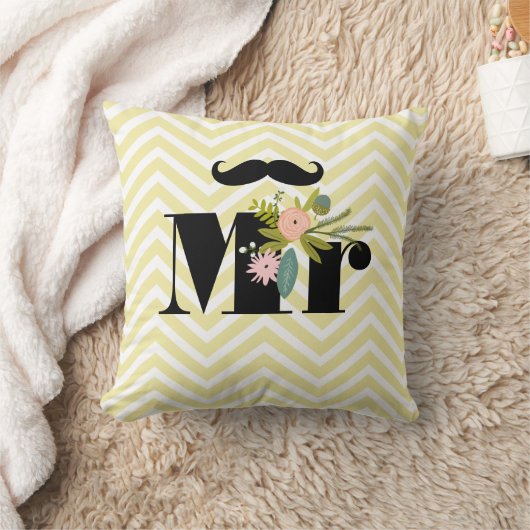 Coussin M. Mustache Pale Jaune Blanc Turquoise Zig Zag (Couverture)