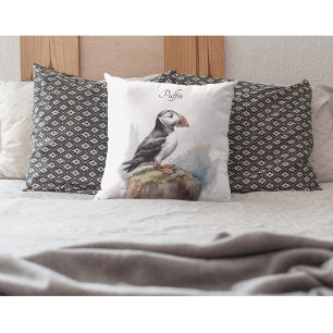 Coussin Macareux sur un rocher Aquarelle, personnalisé