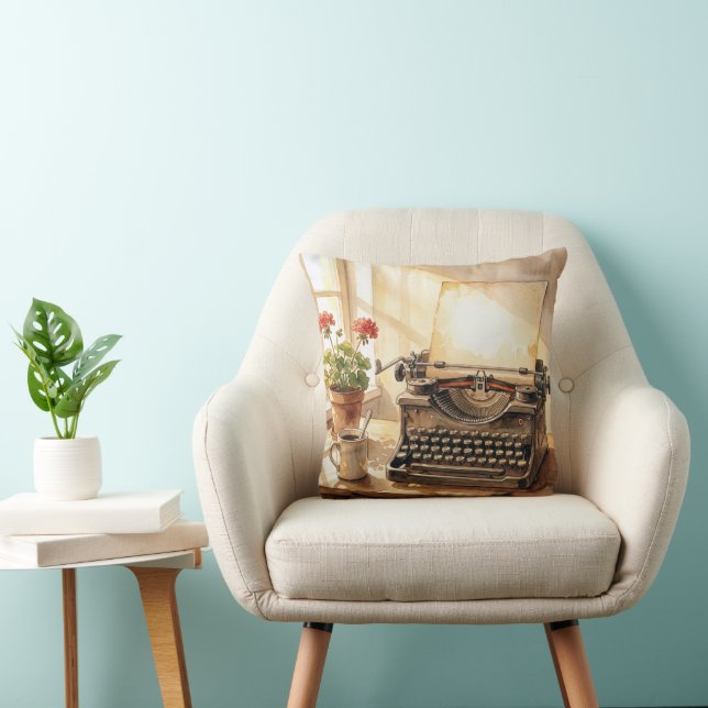Coussin Machine à écrire aquarelle avec feuille de papier  (Chaise)