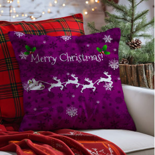 Coussin Magenta Le traîneau et les rennes du Père Noël Cou