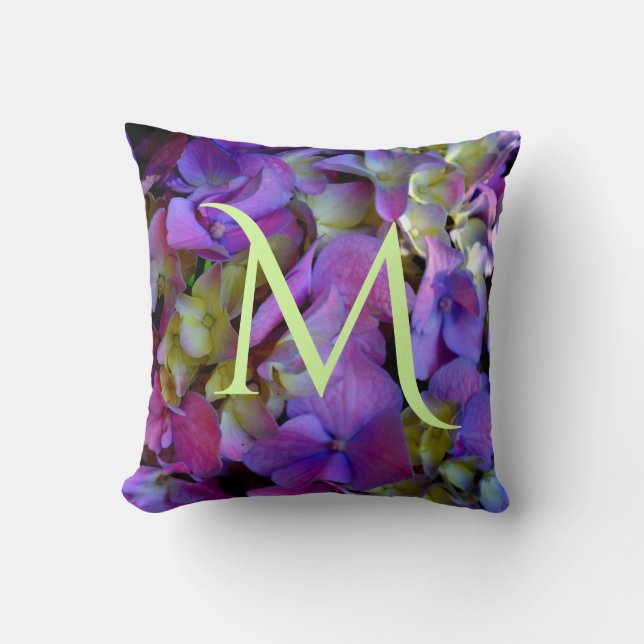 Coussin Magenta Purple bleu jaune Hydrangeas fleurs (Recto)