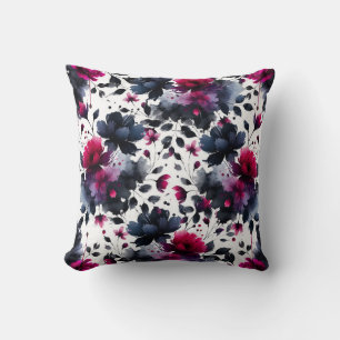 Coussin Magenta rose et bleu floral à l'encre aquarelle