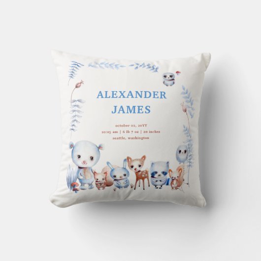 Coussin Magique Woodland Animals Birth Stats Garçon Bébé (Recto)