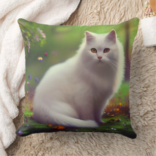 Coussin Magnifique Chat Blanc Fluffy 