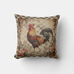 Coussin Magnifique Coq Vintage , Motif Fleurs, Fond à Carr