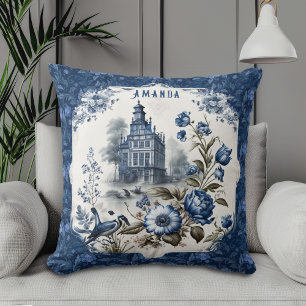 Coussin Magnifique monogramme floral de toile bleue de châ