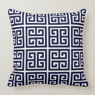 Coussin Magnifique motif grec bleu profond et blanc