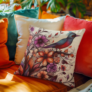 Coussin Magnifique oiseau rouge et fleuri été