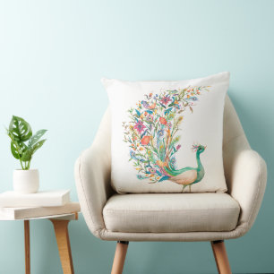 Coussin Magnifique paon vert à l'aquarelle