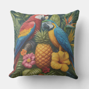 Coussin Magnifique perroquet tropical à l'ananas et fleurs