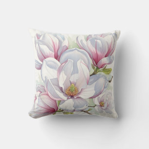 Coussin Magnolia aquarelle rose tendre floral