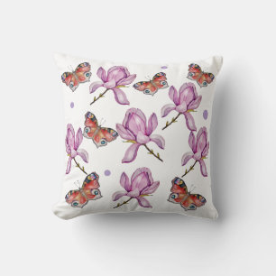 Coussin Magnolia et papillons, motif aquarelle