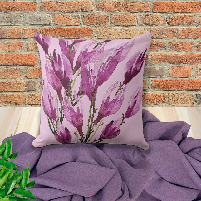 Coussin Magnolia Floral Aquarelle Violet (Créateur téléchargé)