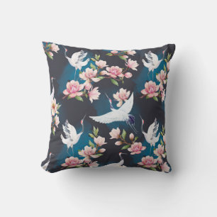Coussin Magnolia Grue Rouge : Aquarelle Japonaise.